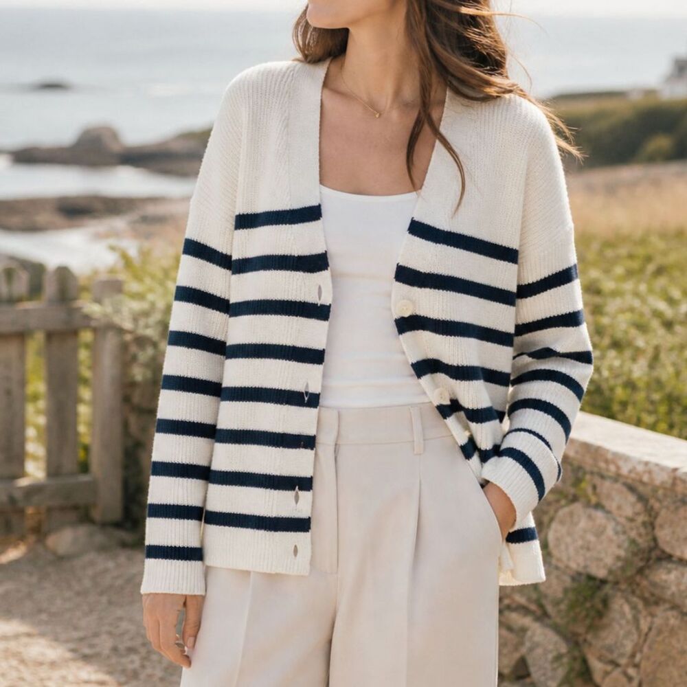 Madewell Blue White Striped Slub Cotton V-Neck Button Cardigan Small Coastal